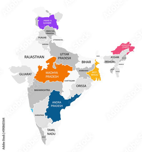 India regions business colorful map and points on white background. Infographic elements. North  west  east  central  south india. Easy to use on flyers banners or web. Vector illustration.