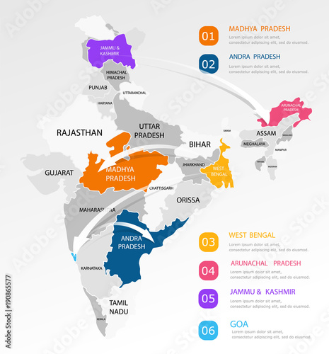 India regions business colorful map and points on white background. Infographic elements. North  west  east  central  south india. Easy to use on flyers banners or web. Vector illustration.