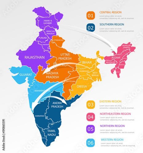 India regions business colorful map and points on white background. Infographic elements. North, west, east, central, south india. Easy to use on flyers banners or web. Vector illustration.