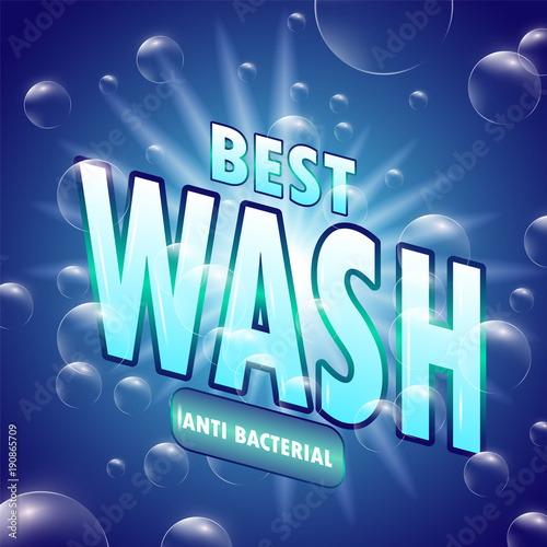 High quality laundry detergent template. Packaging laundry illustration. Eco, smart clean and wash detergent. Green yellow and blue detergent style with shine bubbles and water Vector EPS 10