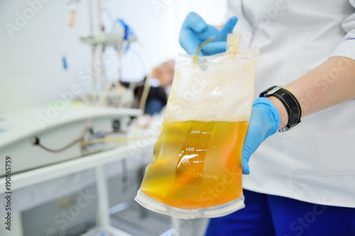 plasma in a plastic bag in the hands of a nurse photo