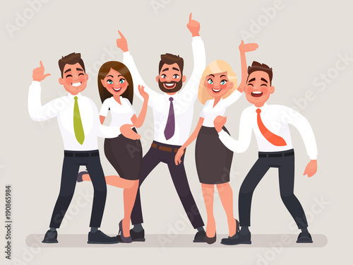 Successful business team. A group of happy office workers celebrating the victory. People with their hands up