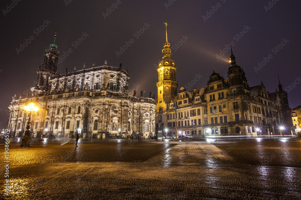 The historical center of the old city of Dresden. Cathedral of the Holy Trinity (Katholische Hofkirche) and Dresden castle. Night scene.Saxony, Germany
