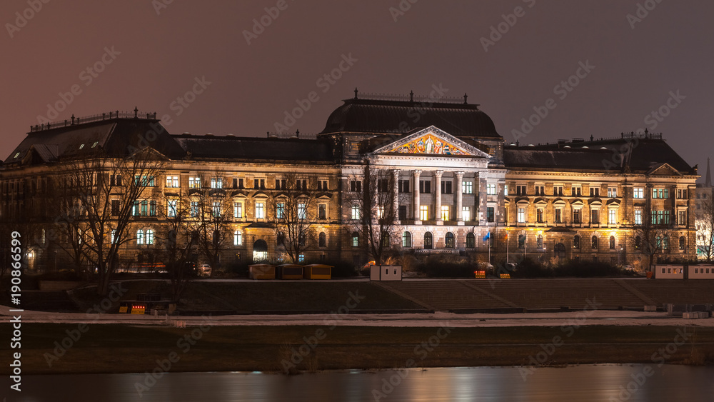 Saxon State Ministry of Education on the embankment of the Elbe in Dresden at night, Germany