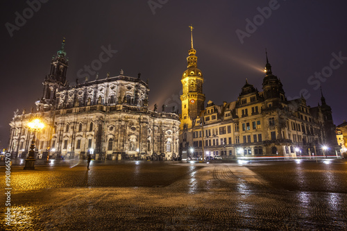 The historical center of the old city of Dresden. Cathedral of the Holy Trinity (Katholische Hofkirche) and Dresden castle. Night scene.Saxony, Germany