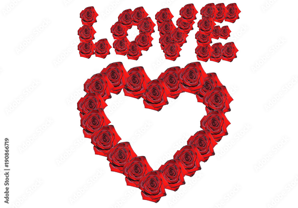 Red roses in the shape of heart with love word in the top on white background isolated.