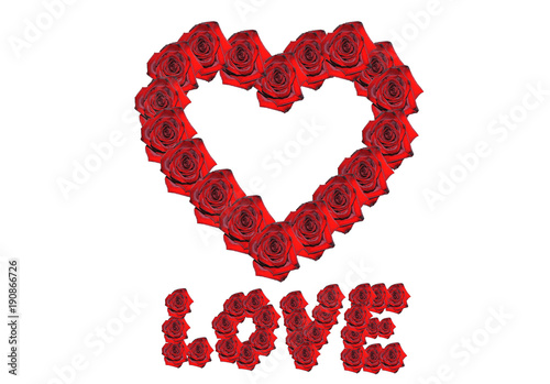 Valentines Day Heart made of Red roses with love word below on the white background isolated.