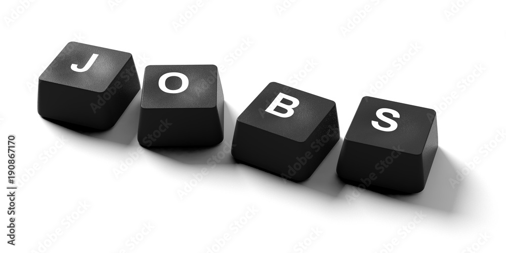 Hiring online concept. Jobs written on keyboard keys on white background, banner, view from above. 3d illustration