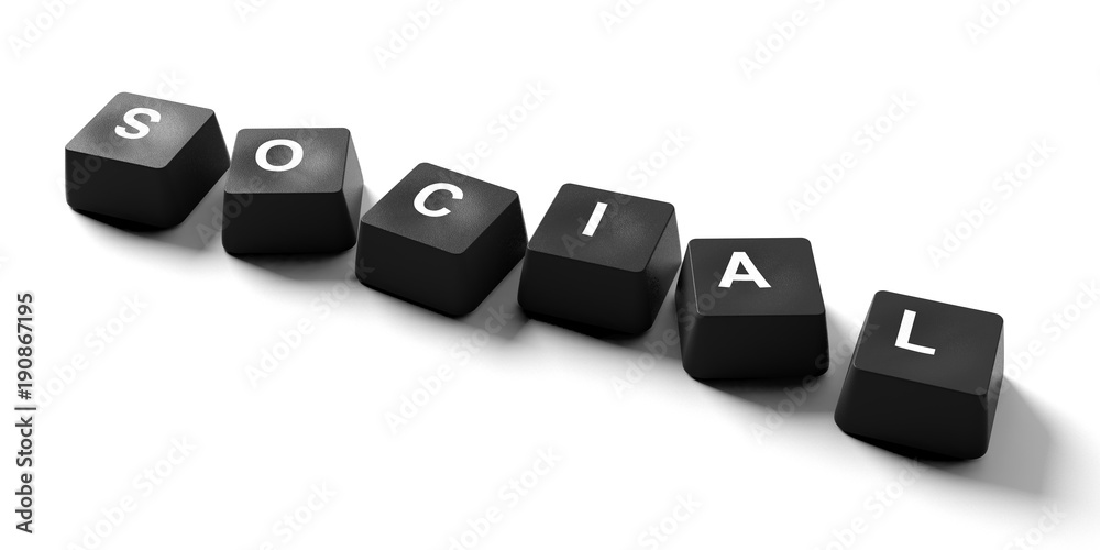 Social written on keyboard keys on white background, banner, view from above. 3d illustration Social written on keyboard keys on white background, banner, view from above. 3d illustration