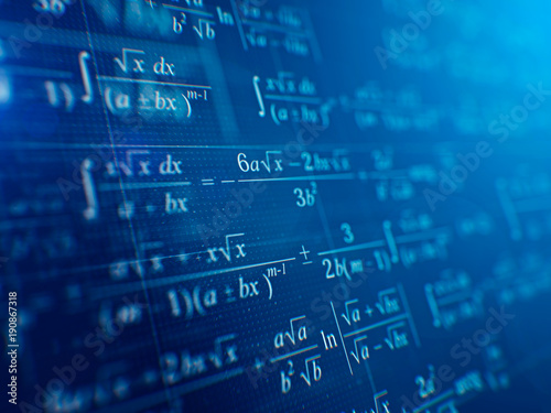 Math concept - Mathematical formulas on blue background. 3d rendering photo