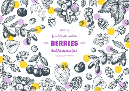 Berries hand drawn, vector illustration frame. Hand drawn sketch illustration with goji berries, cranberry, cloudberry, cherry, raspberry, currant, strawberry. Food design template with berries