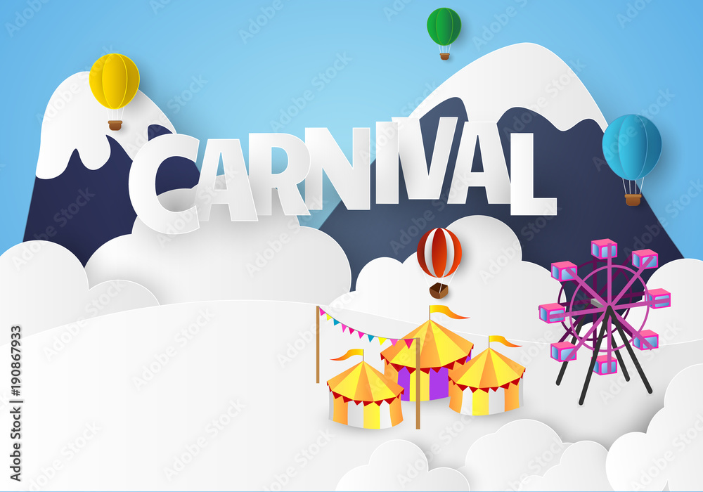 Naklejka premium Vector illustration of the carnival funfair Paper cut design.