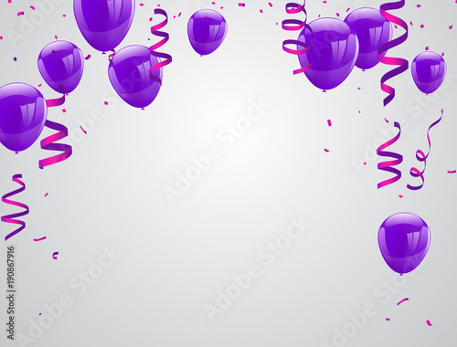 Celebration party banner with purple balloons isolated on white background. confetti and ribbons. Vector illustration