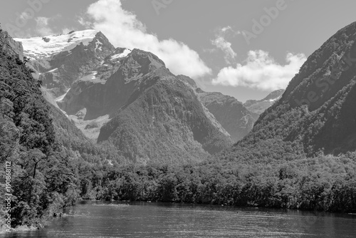 (monotone)Clear sky in Milford sound, Fjordland national park, south island, New Zealand