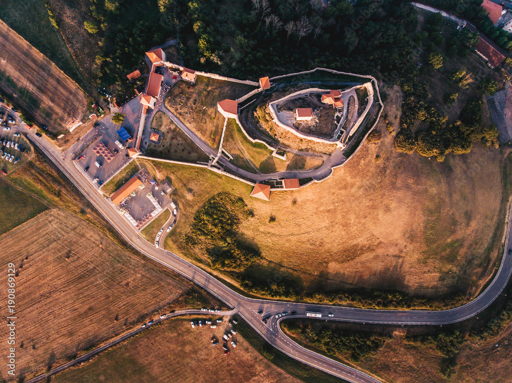 Rupea Fortress in Transylvania aerial panoramic view from above