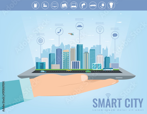Smart city on a digital touch screen tablet with different icon. City with infographic elements. Vector