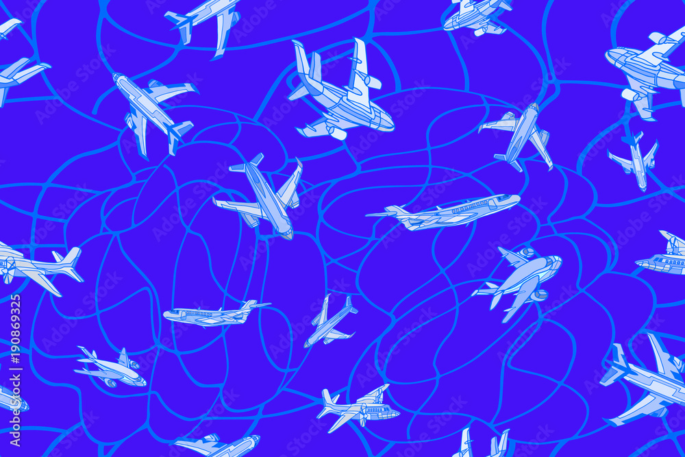 Fototapeta premium Vector seamless pattern with fantasy airplanes. Abstract travel or transportation blue background. Hand drawn.