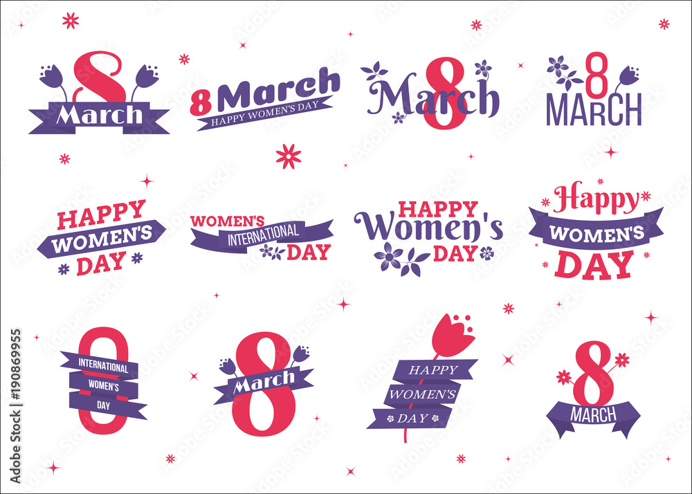 8 March. International women's day. Typographic emblems set. Logo templates for banners or greeting cards. Vector illustration 8 March. International women's day. Typographic emblems set. Logo templates for banners or greeting cards. Vector illustration