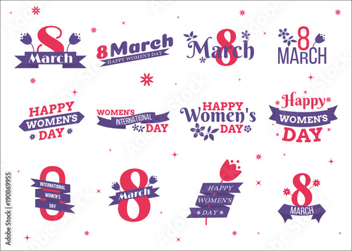 8 March. International women's day. Typographic emblems set. Logo templates for banners or greeting cards. Vector illustration