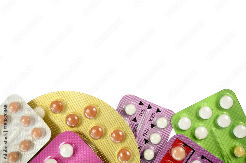 Oral contraceptive pill strips isolated on white background. Oral contraceptive pill strips isolated on white background.