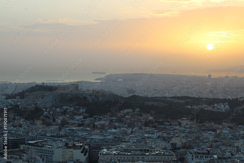 View from Likavittos hill to Athens with Acropolis, Greece