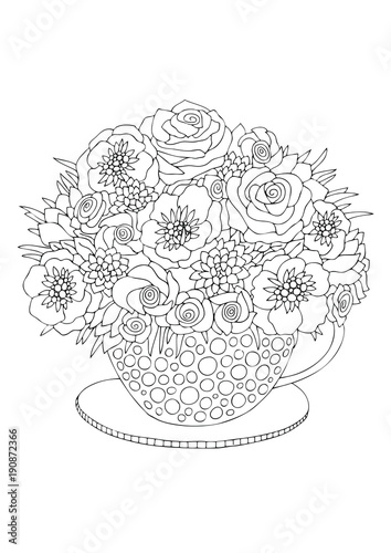Hand drawn bouquet. Sketch for anti-stress adult coloring book in zen-tangle style. Vector illustration for coloring page, isolated on white background.
