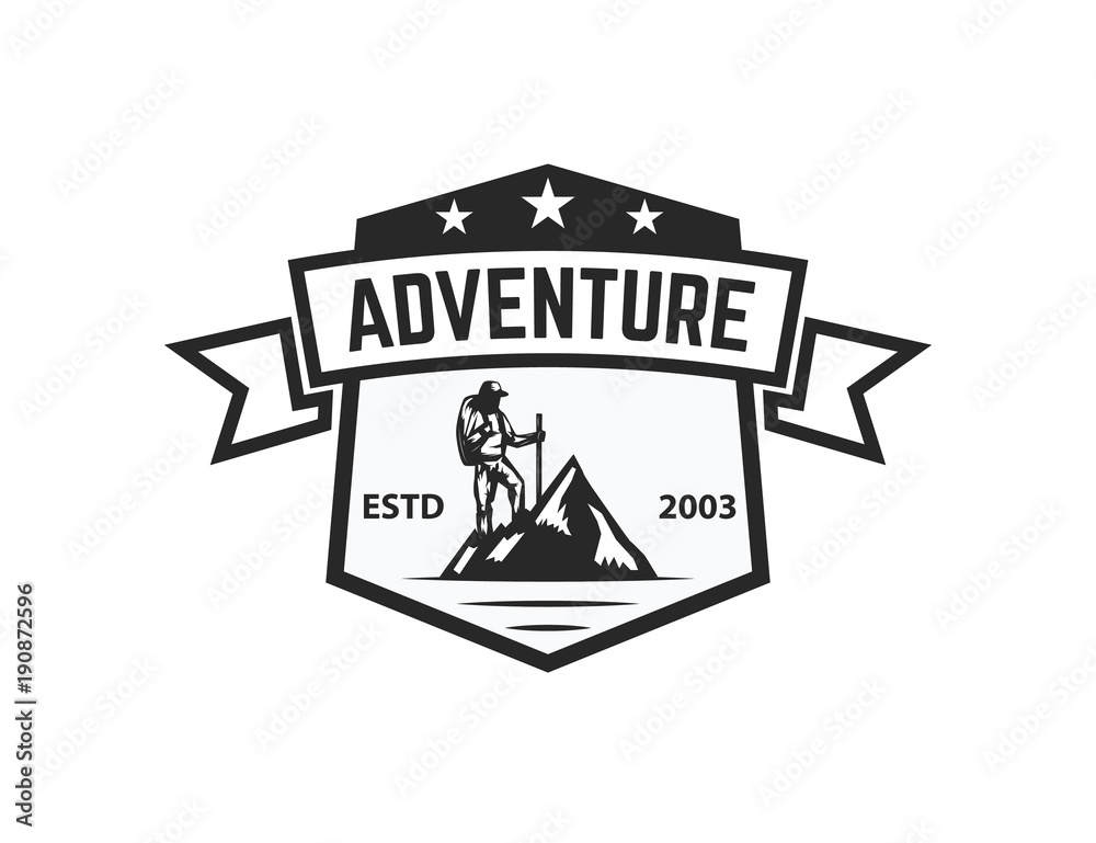 Mountain camp emblem template. Design element for logo, label, emblem, sign. Mountain camp emblem template. Design element for logo, label, emblem, sign.