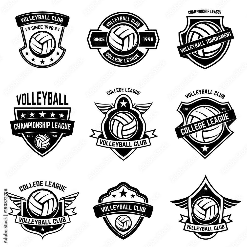 Volleyball emblems on white background. Design element for logo, label, emblem, sign, badge.