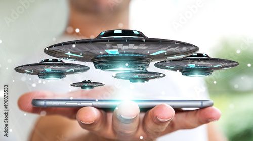 Fototapeta Naklejka Na Ścianę i Meble -  Businessman with retro UFO spaceship 3D rendering