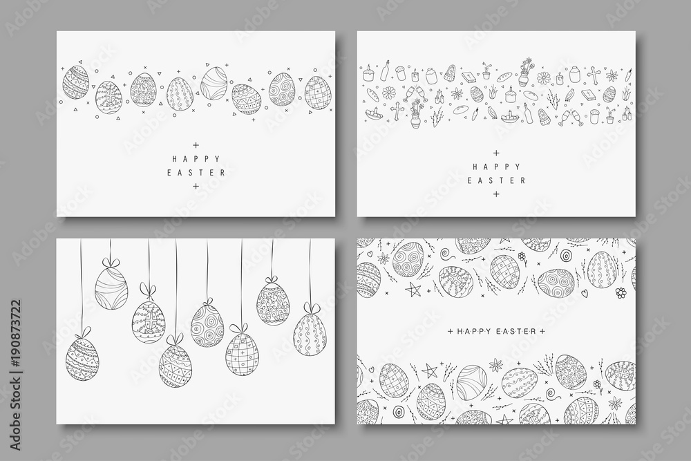 Collection of happy easter cards. Hand drawn easter covers in doodle style. Holiday backgrounds