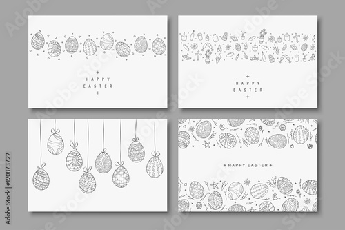 Collection of happy easter cards. Hand drawn easter covers in doodle style. Holiday backgrounds