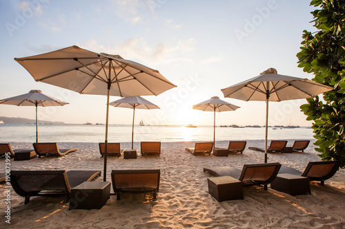 Chaise longues at the beach on the Boracay island  Philippines