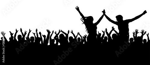 Fans dance concert, disco. Cheerful crowd silhouette. Party people, applaud. Young couple at a party