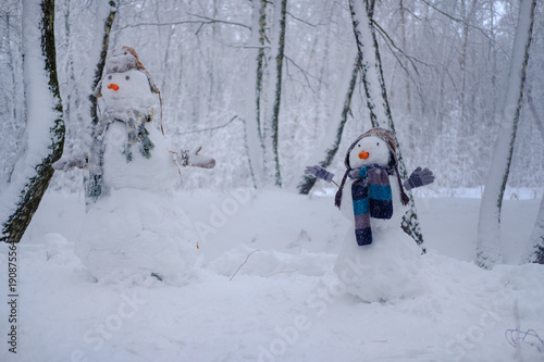 two funny snowman in the snowy forest
