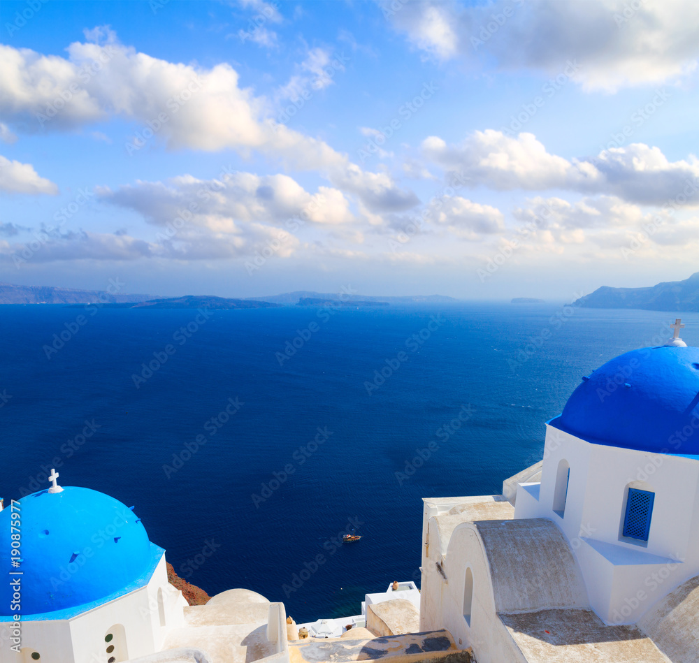 view of caldera with blue domes, Santorini