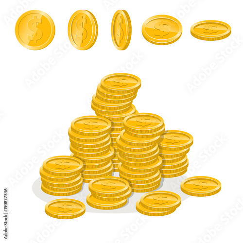 Set of coins in different positions and coins stacked in piles on a white background.