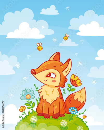 Cute fox sitting on a hill with flowers in cartoon style. Blue sky with clouds. Vector illustration for children for cards and decoration.