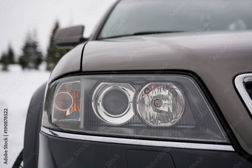 Car headlight close view