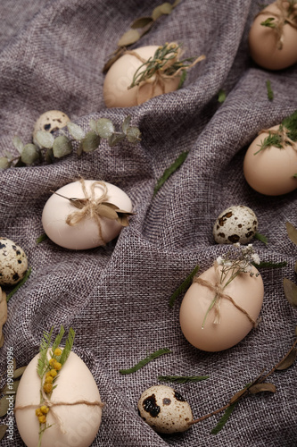 Chicken and quails eggs with decorative elements on black background