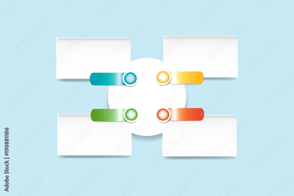 White blank circle in the centre with colorful metal tags and four white rectangles  ready for your text