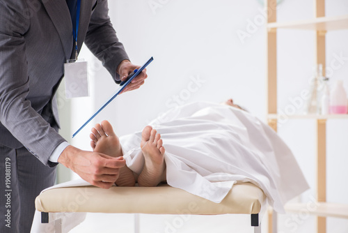 Photography Police coroner examining dead body corpse in morgue