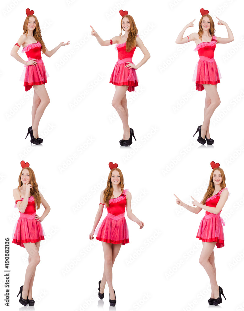 Pretty young model in mini pink dress isolated on white Pretty young model in mini pink dress isolated on white