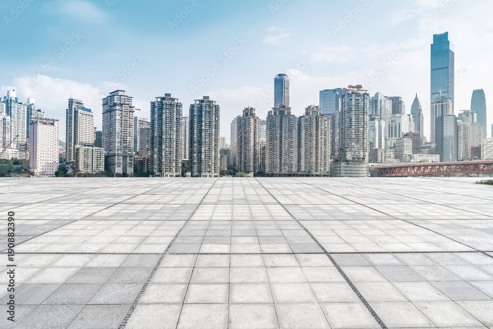 Road ground and Chongqing urban architectural landscape skyline