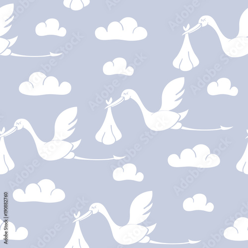 Seamless pattern with storks carrying babies. Suitable for wallpaper, wrapping or textile