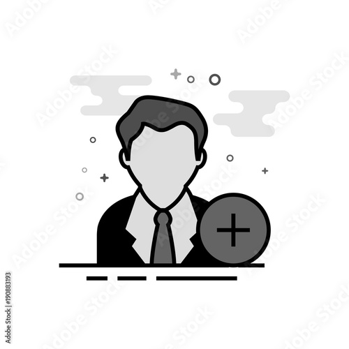 Businessman with plus sign icon in flat outlined grayscale style. Vector illustration.