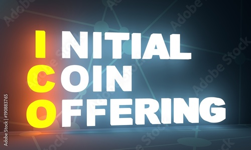 Acronym ICO - Initial Coin Offering. Business conceptual image. 3D rendering. Neon bulb illumination