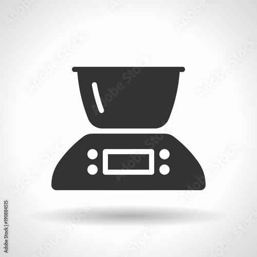 Monochromatic kitchen scales icon with hovering effect shadow on grey gradient background. EPS 10