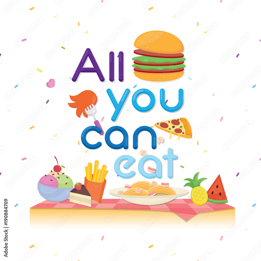 Naklejka premium Food poster template.Several cute foods for buffet poster.