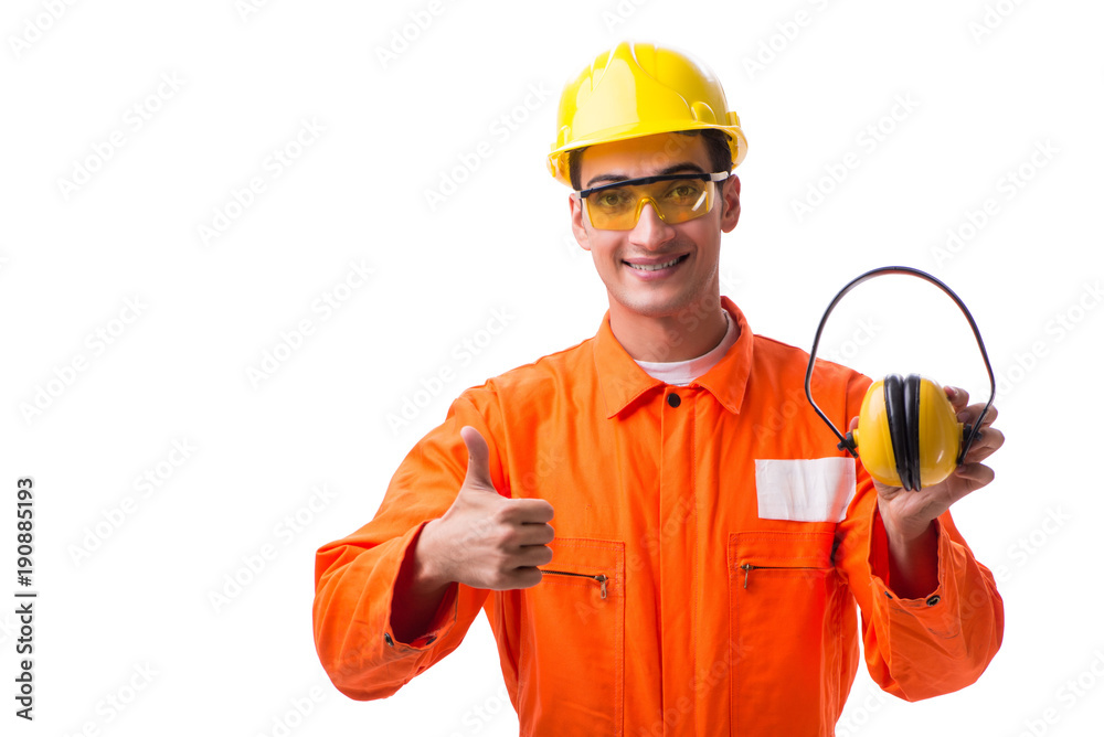 Construction worker with noise cancelling earphones Construction worker with noise cancelling earphones