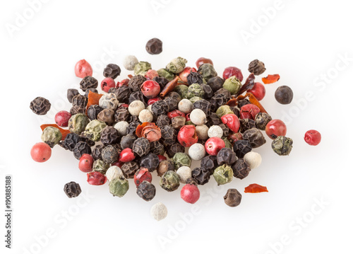 Mixed of diffrent kind peppercorns isolated on white background